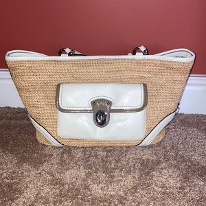 Coach 22904 woven straw pocket tote with white/cream colored accents